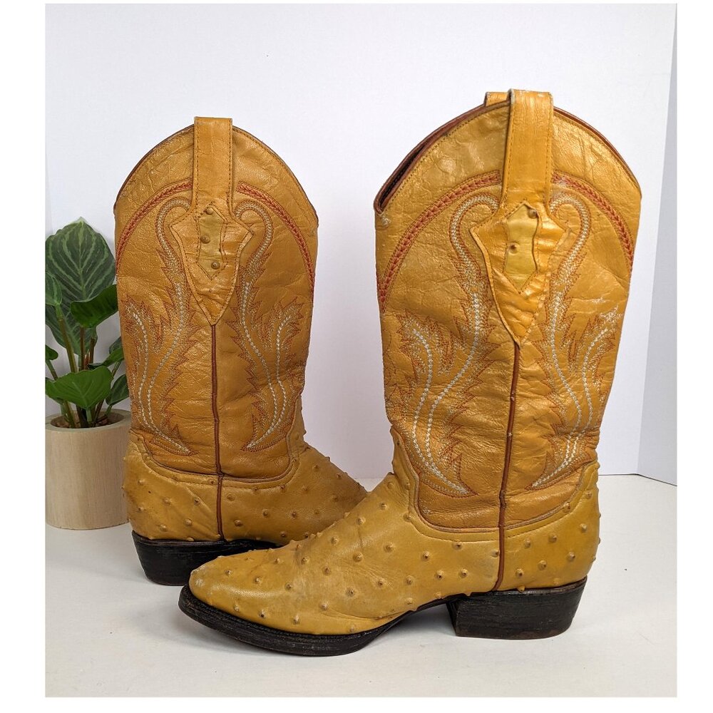 Vintage SANTANDER Cowboy Boots Butterscotch Real Ostrich Skin Leather Mens 6 EE
